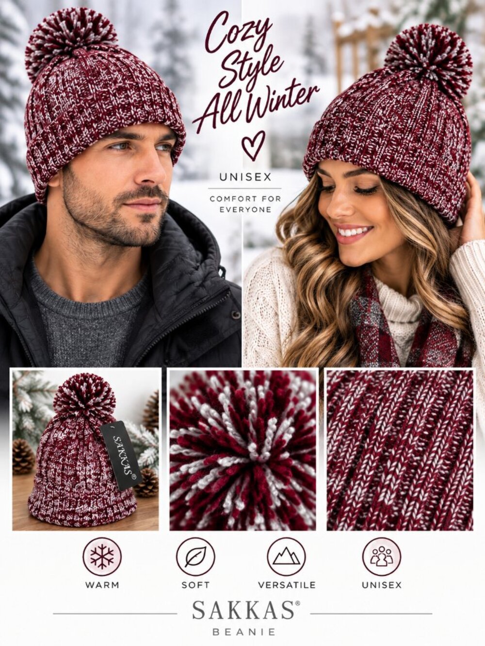 NWT Sakkas Knit Beanie Pom Pom Winter Hat Maroon Burgundy  Unisex